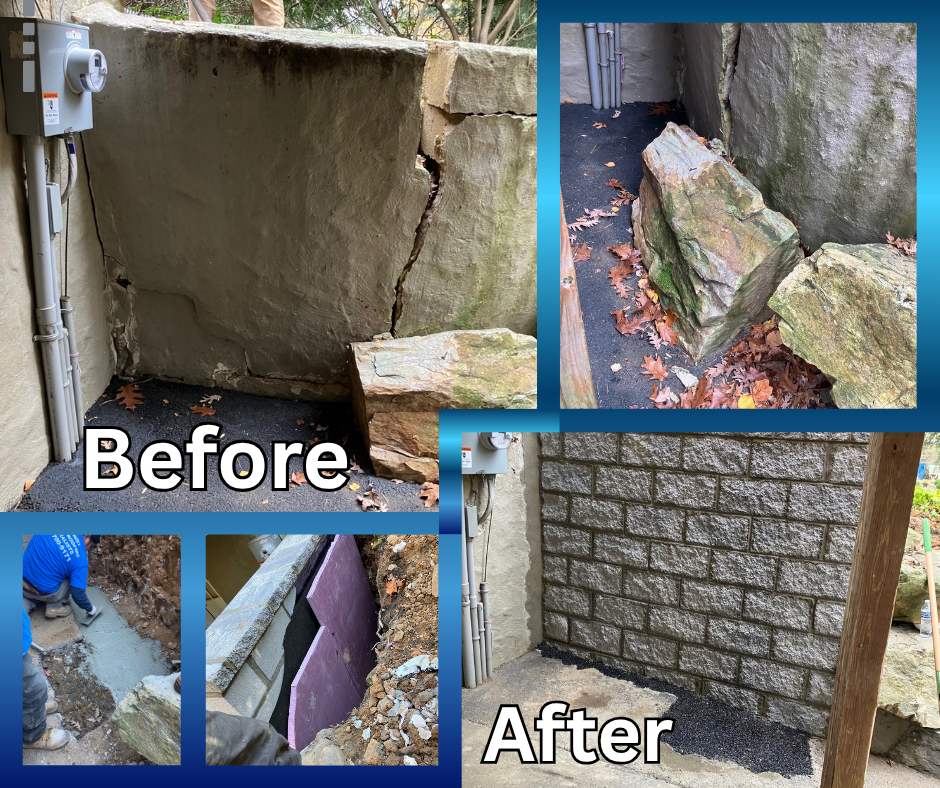 Before and after of foundation repair and basement waterproofing in Wilmington DE. 