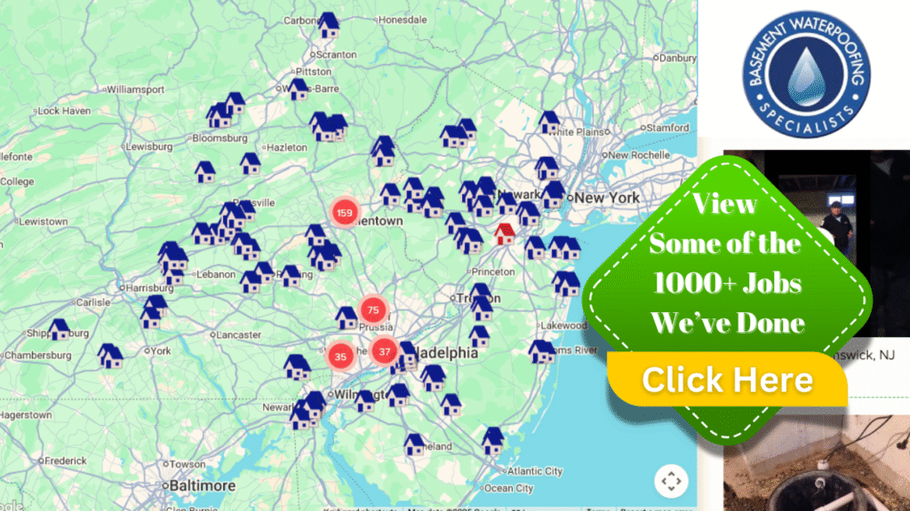 Map of NJ, PA, and DE service areas of Basement Waterproofing Specialists