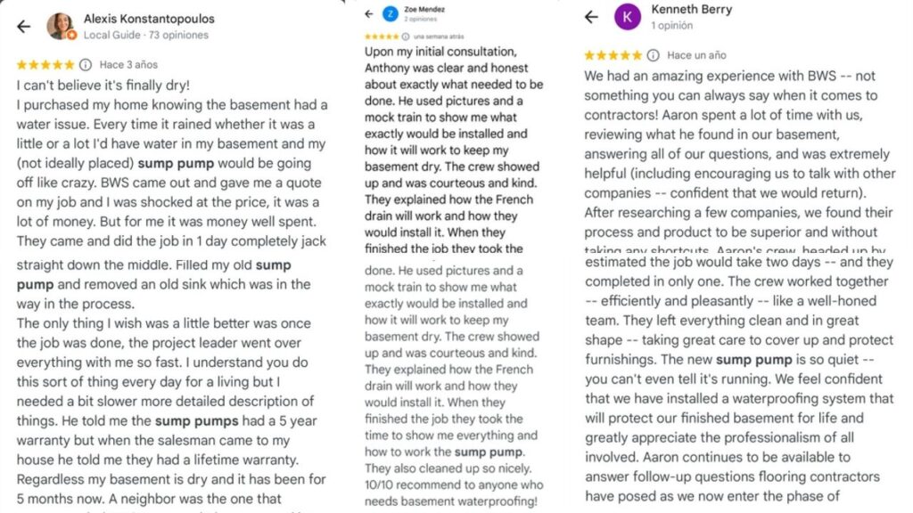 Customer reviews about sump pump installation in NJ, PA, and DE from Google.