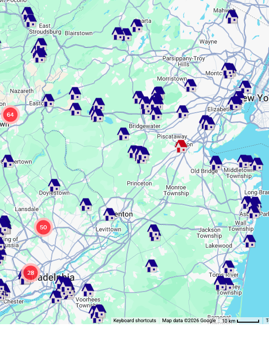 New Jersey map with service areas for Basement Waterproofing Specialists