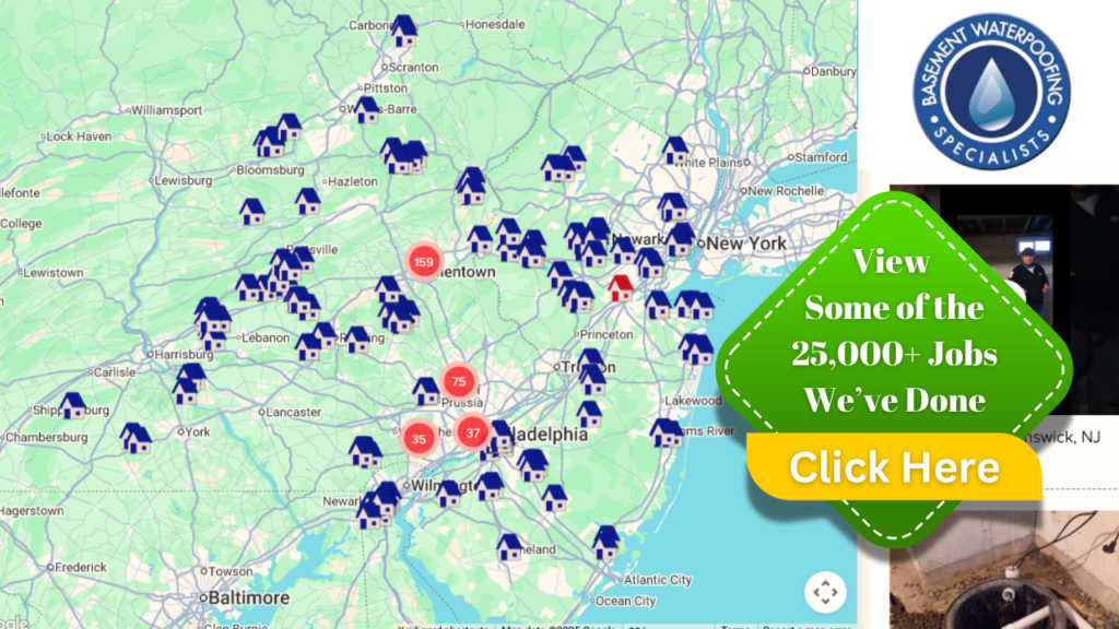 Map of basement waterproofing specialists service area.