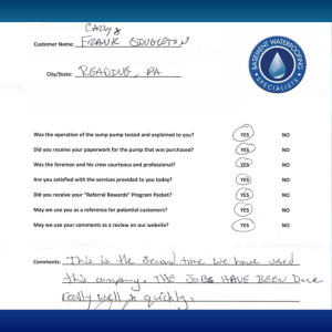 Review from a waterproofing customer in Reading PA