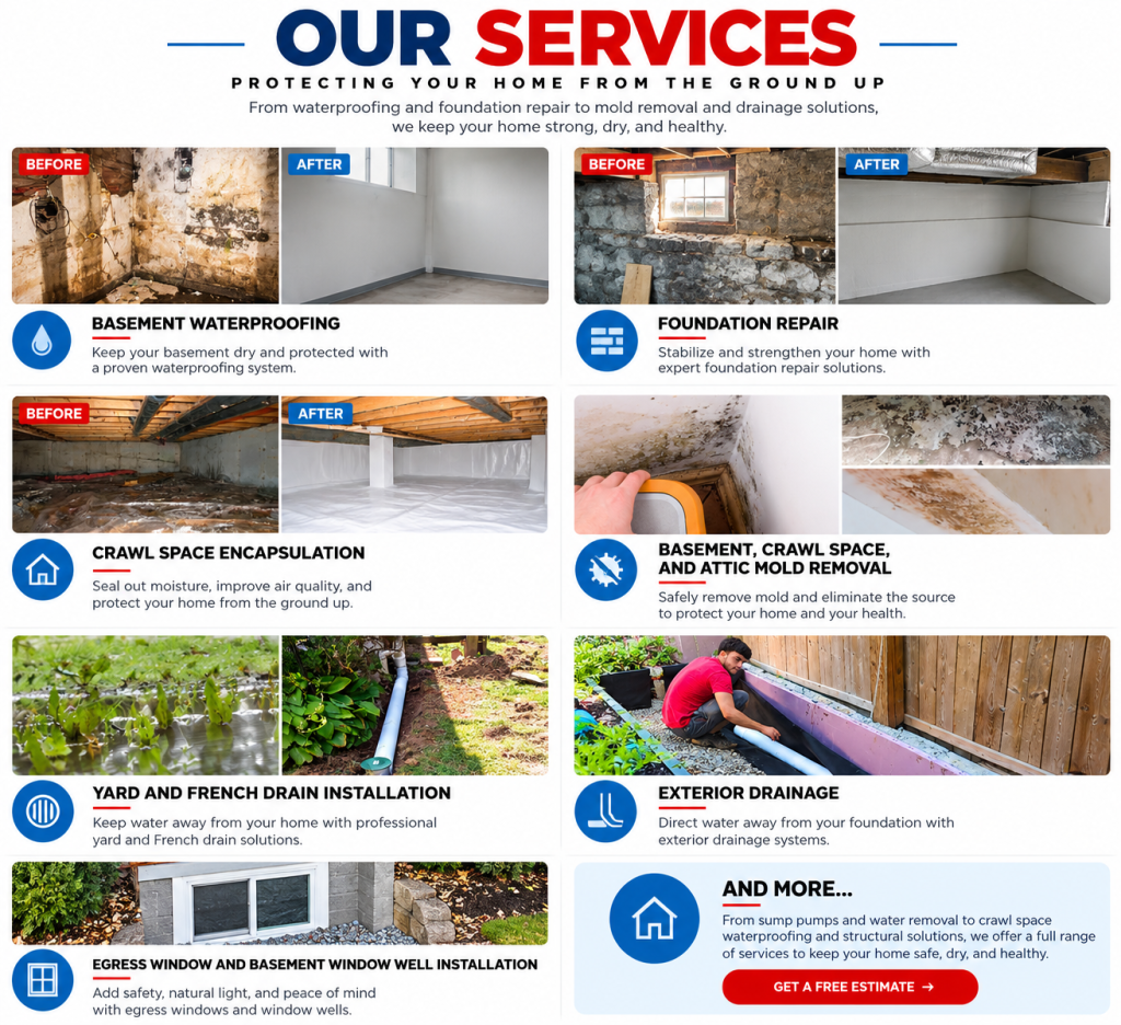 Basement waterproofing specialists services list infographic